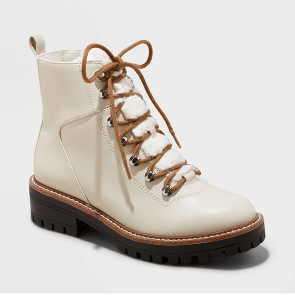 Women's Cream Lace-Up Ankle Boots - Picture 1 of 5